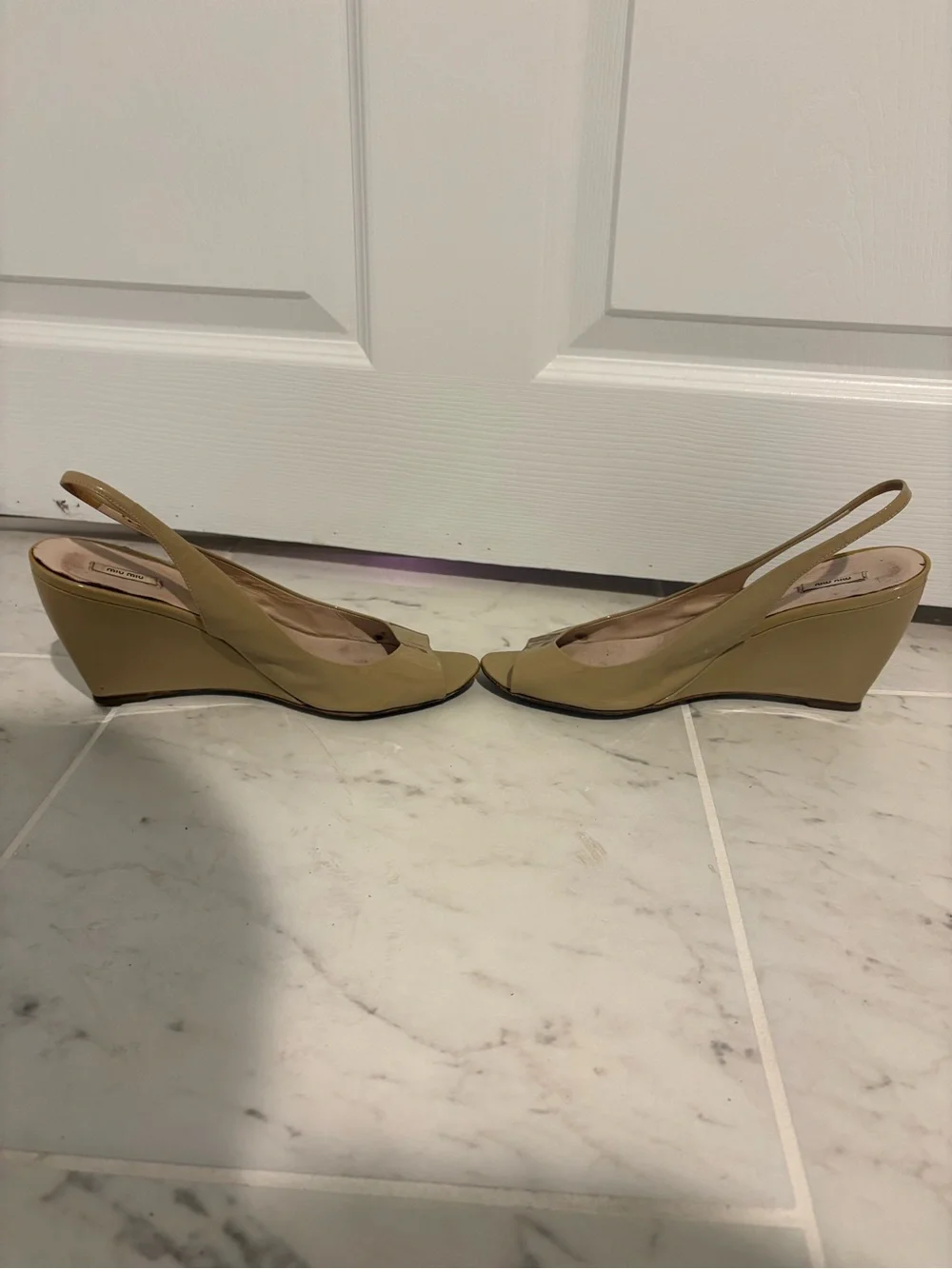Miu Miu Tan Beige Peep Toe Wedge Slingback Heels